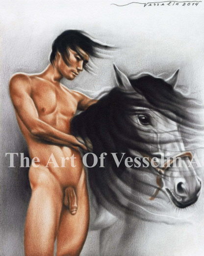 A male oil painting representing a nude man with black hair and fine body. The man is standing next to his horse holding it around the neck. The horse has big black mane and beautiful eyes.