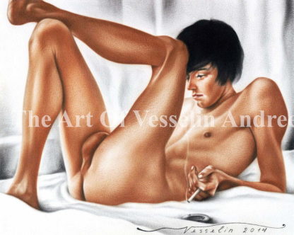 A male oil painting representing a thoughtful nude boy with black hair lying on a bed. There is a smoking cigarette in his left hand and an ash-tray on the bed. His left leg is lifted on the right one, which is folded.
