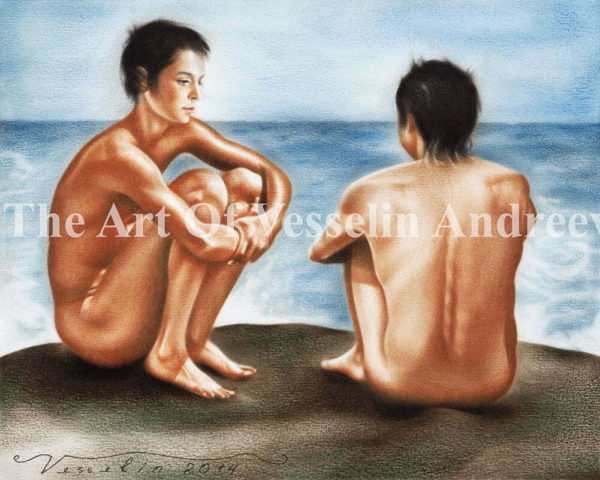 An oil painting representing two nude boys sitting on a rock. There is an ocean and a sky in the distance.