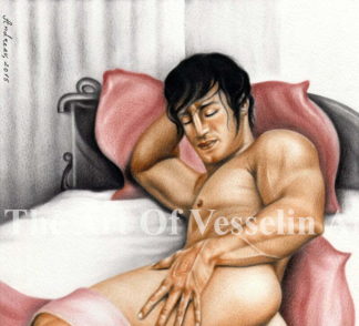 An authentic print of an original male nude oil painting titled 'In The Bed'.