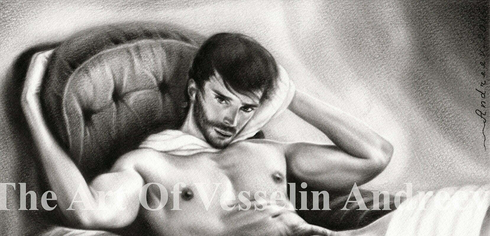 An authentic print of an original male nude oil painting titled 'Man Posing'.