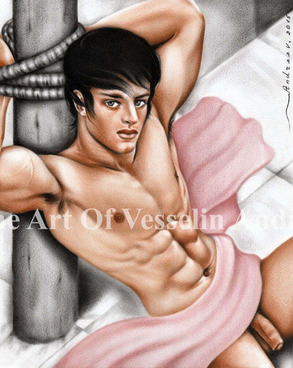 A male oil painting representing a beautiful nude man with black hair and muscular body. The man is sitting on the floor with hands tied to a column. He is looking at us the viewers. A pink blanket covers part of his penis.