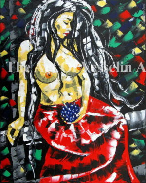 An authentic print of an original female nude oil painting titled 'Girl Holding A Bunch Of Grape'.