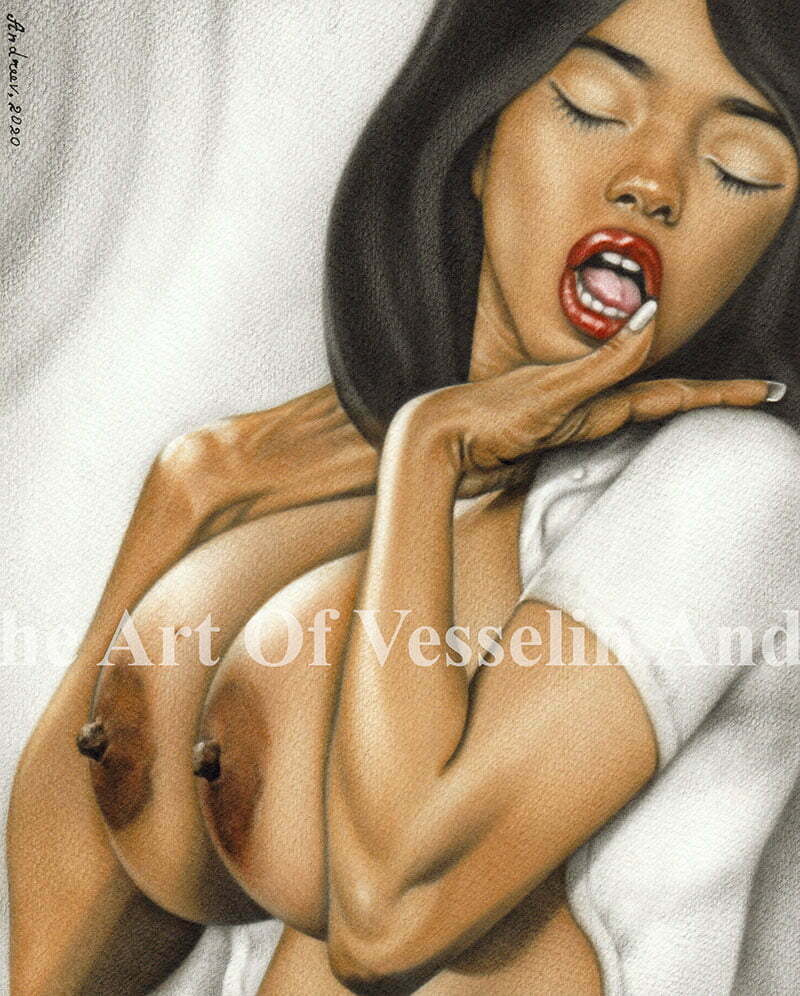 An authentic print of an original female nude oil painting titled 'Passion'.