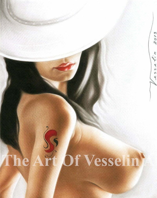 An authentic print of an original female nude oil painting titled 'The Lady With The White Hat'.