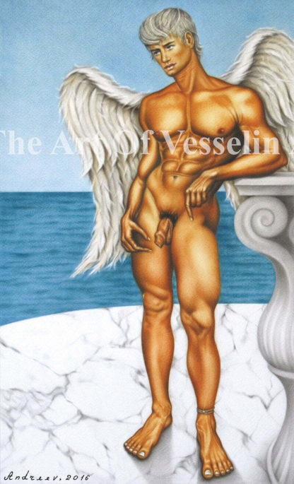 An oil painting representing an angel in the form of a beautiful nude blond man with white wings and muscular body. The man is standing on a surface of white marble resting on some beautiful architectural element. An ocean and a sky are visible behind.