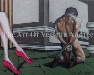 A pastel drawing representing a punishment. There is a kneeling nude man with muscular body and tied hands. A woman with beautiful fine legs and red shoes is threaded on the rope used to tie the man. Some architectural ornaments are visible behind.