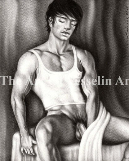 A black & white male oil painting representing a nude man with closed eyes and muscular body. The man is resting sitting on a stool. He wears a vest and a cloth covers part of his penis.