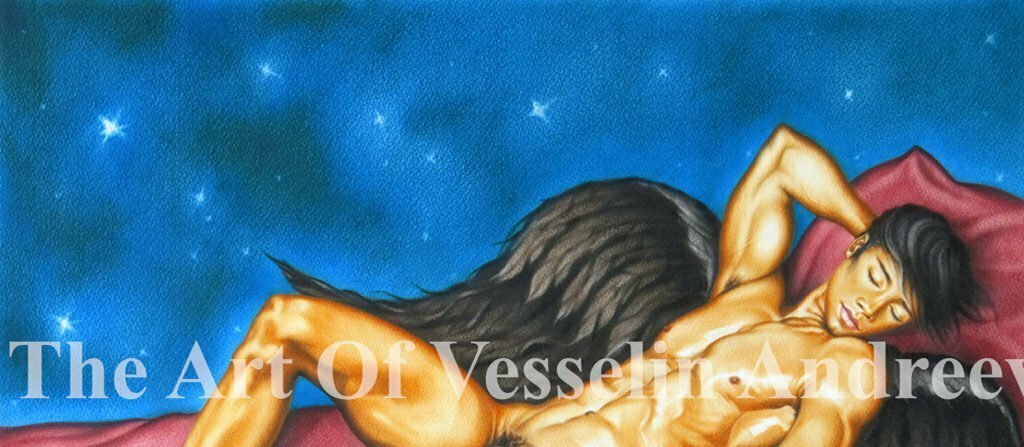 An authentic print of an original male nude oil painting titled 'Night Angel'.