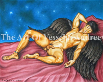 An oil painting representing an angel in the form of a beautiful nude man with black hair, big black wings and muscular body. The man is sleeping on a big red bed with right hand behind the head. There is a night sky with stars behind.