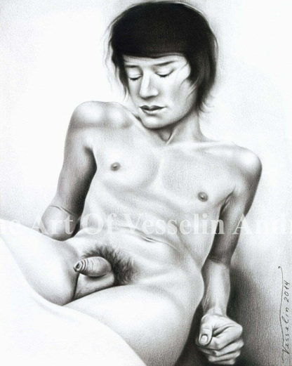 A black & white male oil painting representing a beautiful young nude man with closed eyes and fine body. The man is lying on a surface. A cloth covers part of his legs but the penis is entirely visible.