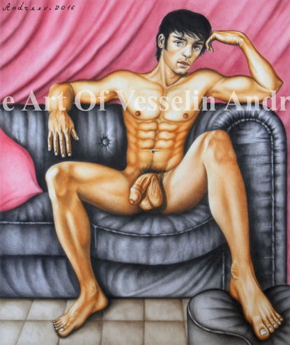 A colored male oil painting representing a nude man with black hair, muscular body and big penis. The man is looking at us the viewers sitting on a black sofa with his left leg placed on a stool. There is a red pillow on the sofa as well and a red curtain behind it.