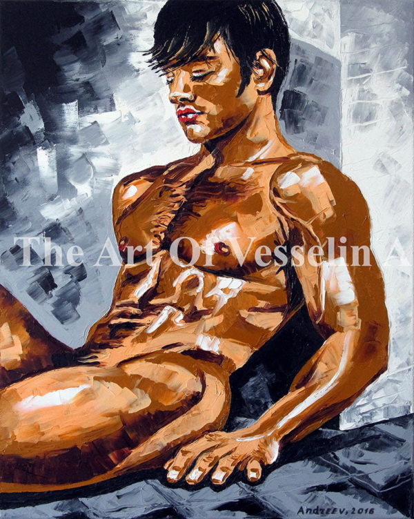 A colored male oil painting representing a nude man with black hair, closed eyes and muscular body. The man is resting sitting on the ground. He is leaned against a grey wall as well.