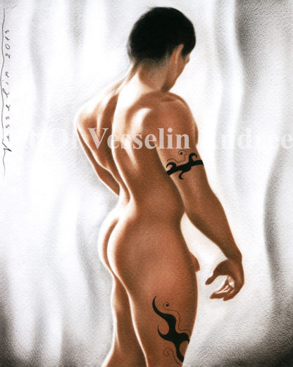 A male oil painting representing a nude man with black hair and muscular body. The man is standing with his back toward the viewer. There are black tattoos on his right hand and right leg. His penis is partly visible.