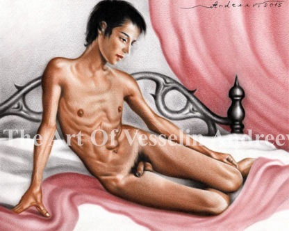 A male oil painting representing a beautiful nude boy with black hair and fine body sitting on a bed with interesting headboards. A red blanket covers part of the boy’s feet. There is a red curtain behind the bed.