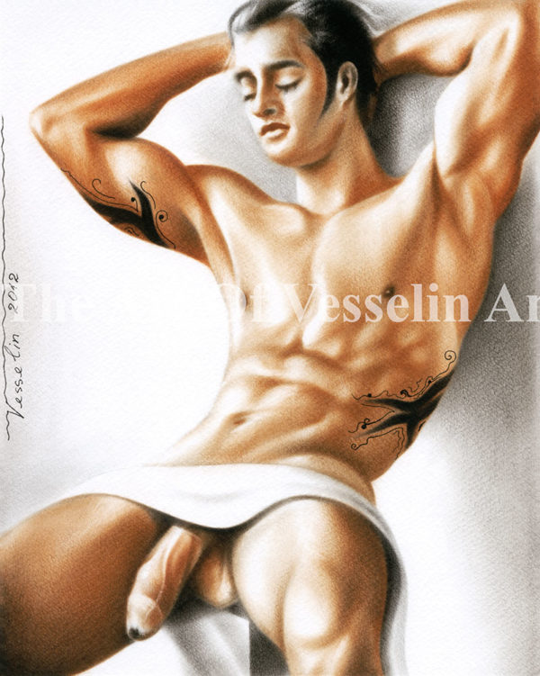 A male oil painting representing a beautiful nude man with closed eyes and muscular body. He is resting sitting on some type of parapet. He is also leaned against a wall with hands behind the head. A white cloth covers part of his big penis.