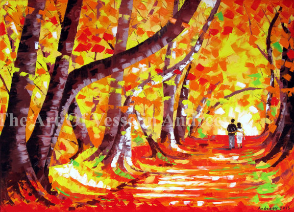 A landscape oil painting representing a fallen in love couple walking in a forest. The hugging couple is wrapped in big brown trees with a lot of big yellow and red leaves. There are a lot of yellow and red leaves on the ground as well.