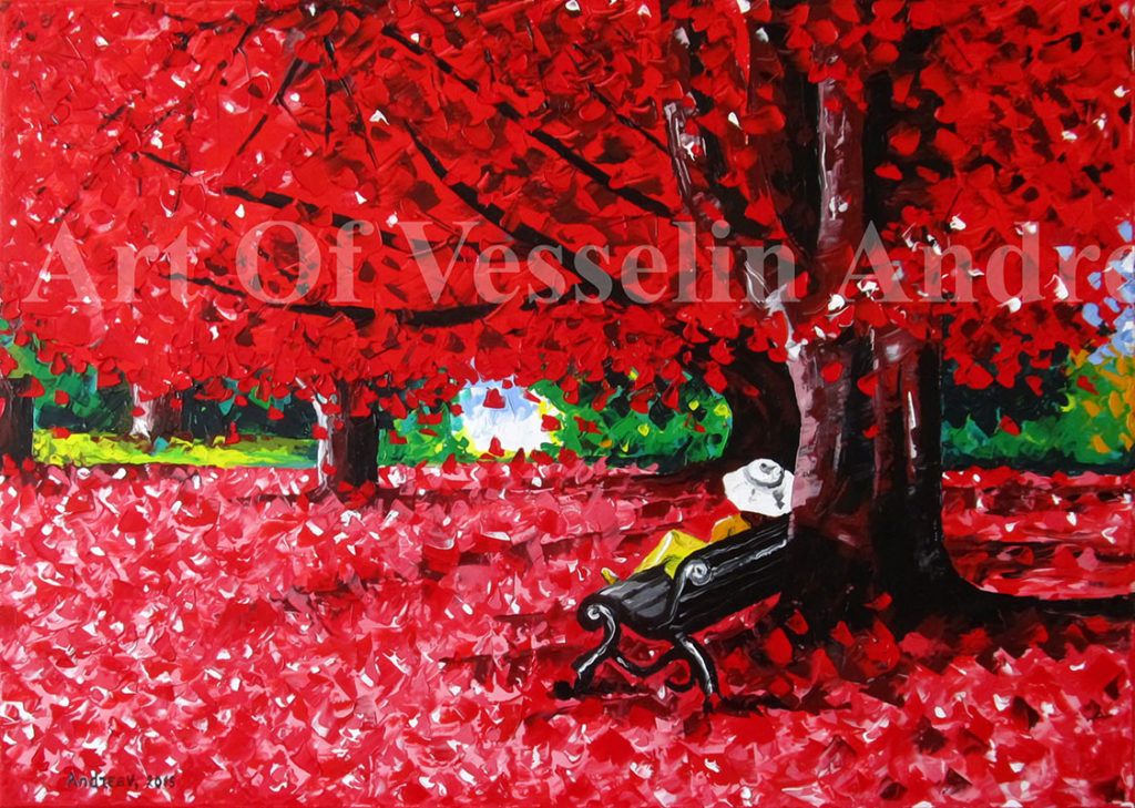 A landscape oil painting representing an autumn. The forest and the ground are pictured with a lot of red leaves. The focal point of the painting is a woman with a big white hat sitting on a black bench next to the closest to the viewer brown tree.