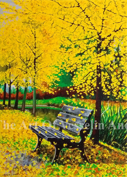 A landscape oil painting representing an autumn. The forest and the ground are pictured with a lot of yellow leaves. A brook reflects the green and brown vegetation that is in the distance. The focal point of the painting is a black bench in front.