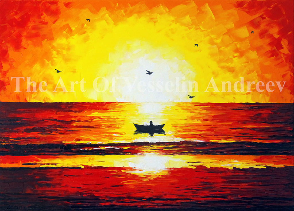 A seascape painting representing a sunset. The sky is in red, orange and yellow. The sun is in white. The sea-water reflects all these tones including brown and black as well. A man with a boat is in the center of the picture. Birds fly in the sky.