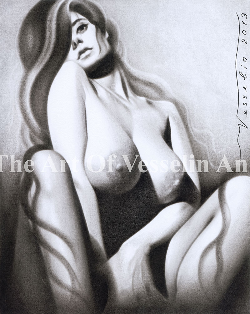 An authentic print of a female nude oil painting titled 'The Girl With The Long Hair'.