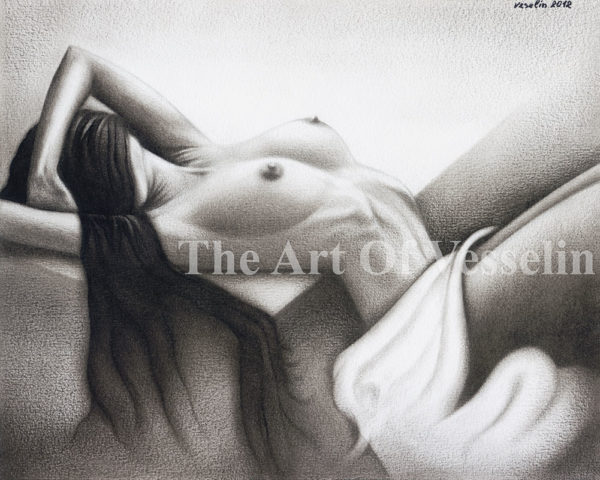 An authentic print of an original female nude oil painting titled 'Taking A Rest'.