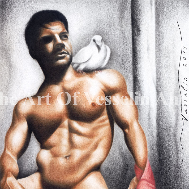 An authentic print of an original male nude oil painting titled 'Looking Into The Future'.