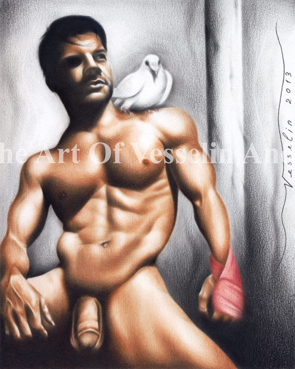 An authentic print of an original male nude oil painting titled 'Looking Into The Future'.