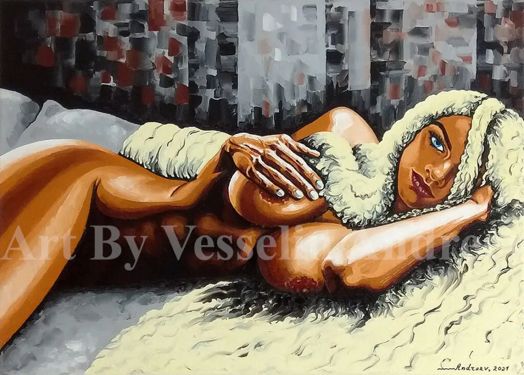 An authentic print of an original female nude oil painting titled 'Lioness'.