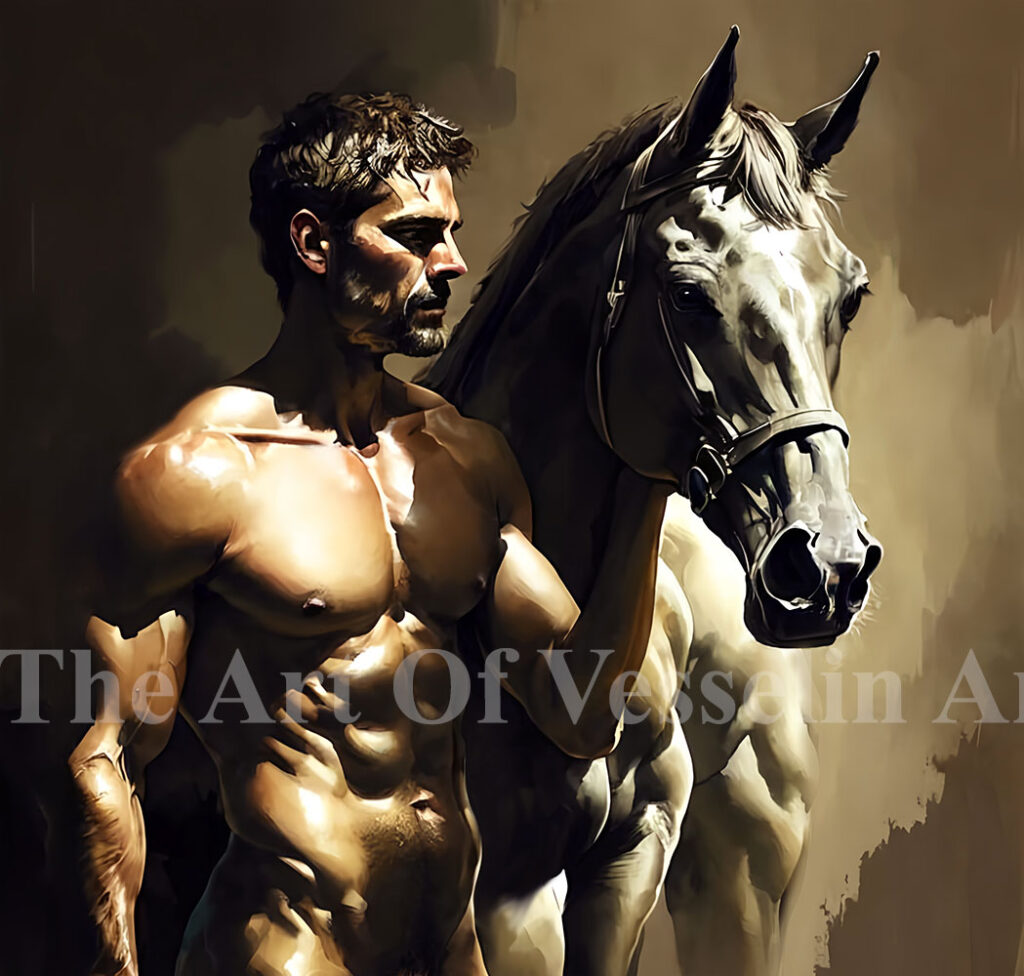 An authentic print of a male painting titled 'A Man And His Horse'.